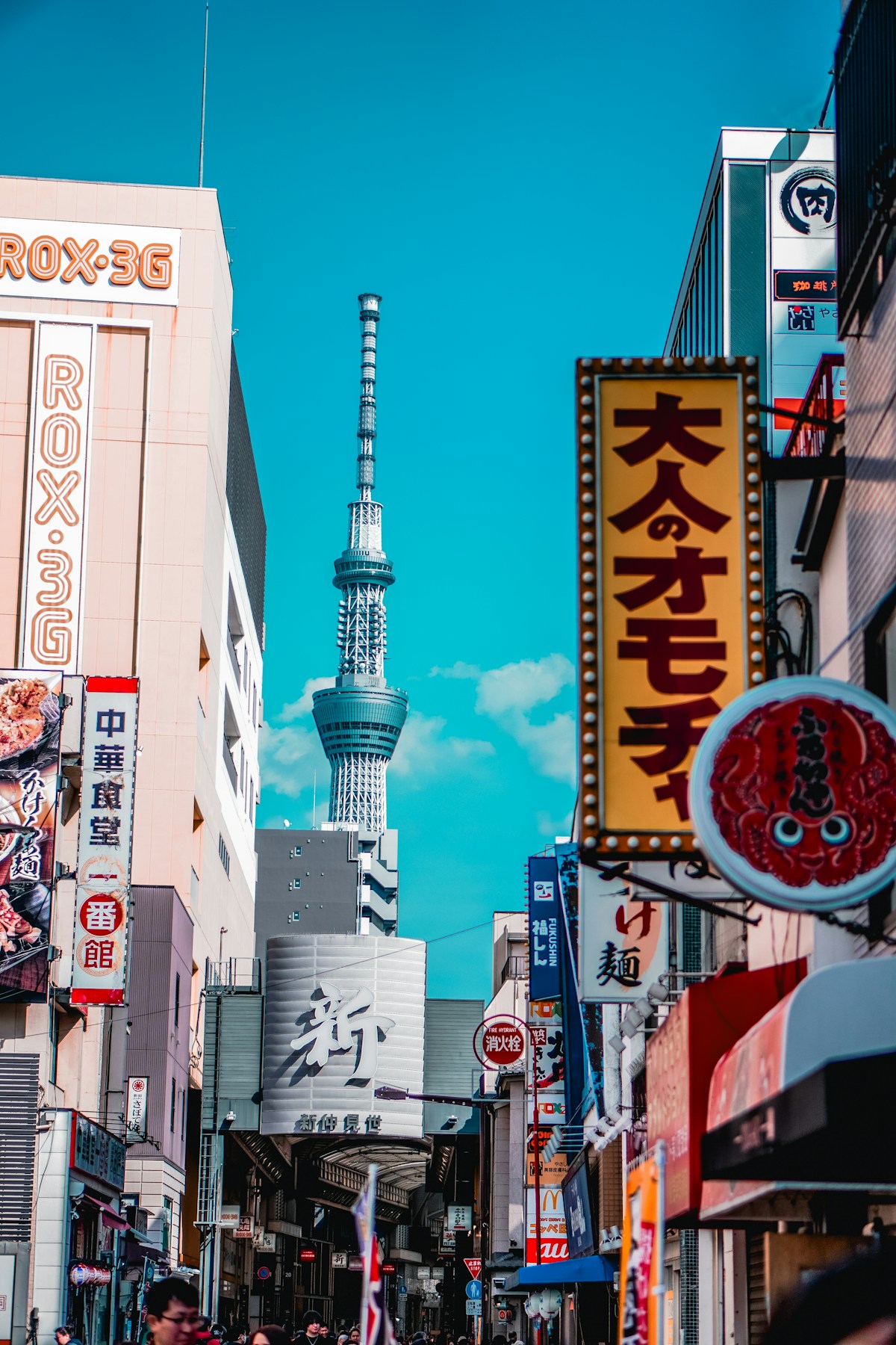 Tokyo street scene with Tokyo Skytree in the distance